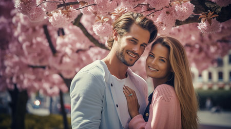 Happy, smiling young Couple hugging under tree branches of Cherry blossom.の素材