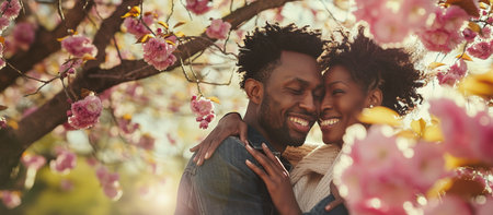Happy, smiling young Couple hugging under tree branches of Cherry blossom.の素材