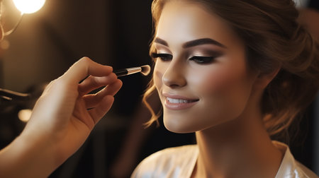 Makeup artist applies applies powder and blush . Beautiful woman face. Hand of make-up master puts blush on cheeks beauty model girl. Make up in processの素材