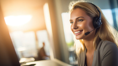 Smiling young customer service Woman wearing headphones in the Officeの素材
