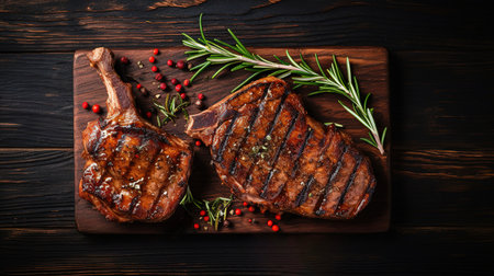 Grilled pork steak in frying pan on black background with copy space. Top view, flat lay foodの素材