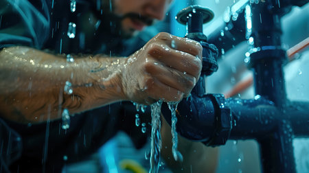 A Male Worker Repairs Water Pipes In The Basementの素材