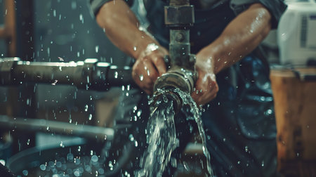 A Male Worker Repairs Water Pipes In The Basementの素材