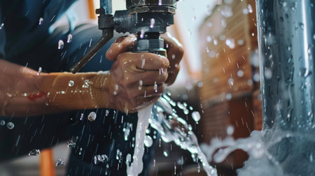 A Male Worker Repairs Water Pipes In The Basementの素材