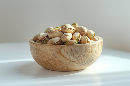 Pistachios in a wooden cup, close-up isolated on background. Image for Cafe and Restaurant Menusの素材