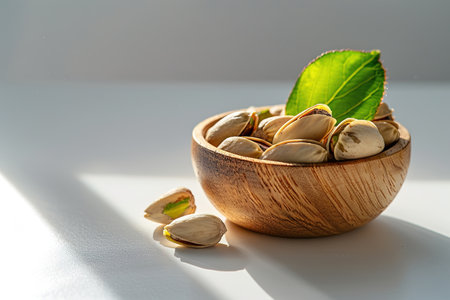 Pistachios in a wooden cup, close-up isolated on background. Image for Cafe and Restaurant Menusの素材