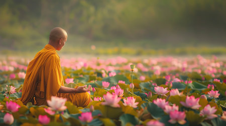 Buddhist monks meditate to calm the mind. The brain will refresh the secretion of Indoine. Make happyの素材