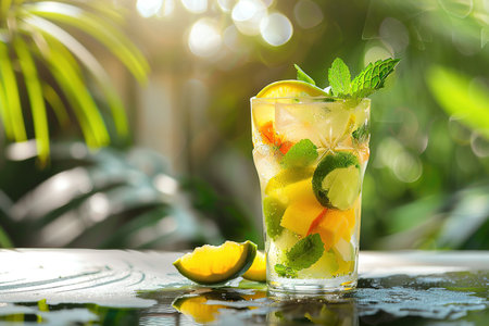 Mojito with tropical Fruits on an exotic beach. Image for Cafe and Restaurant Menusの素材