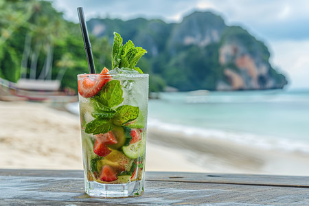 Mojito with tropical Fruits on an exotic beach. Image for Cafe and Restaurant Menusの素材
