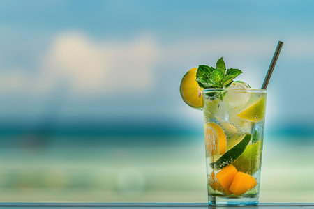 Mojito with tropical Fruits on an exotic beach. Image for Cafe and Restaurant Menusの素材