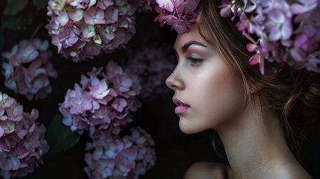 Side portrait of a Beautiful young Woman with flowers in her hair on a backgroundの素材