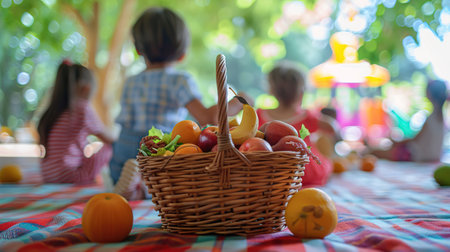 Picnic setting on meadow. Children are playing in the backgroundの素材