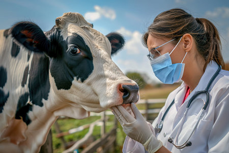 A masked veterinarian at the farm during an inspection of cows and livestock. World Veterinarian Dayの素材