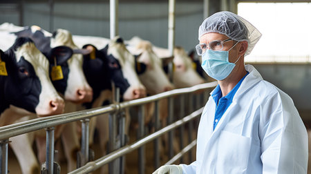 A masked veterinarian at the farm during an inspection of cows and livestock. World Veterinarian Dayの素材