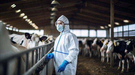 A masked veterinarian at the farm during an inspection of cows and livestock. World Veterinarian Dayの素材