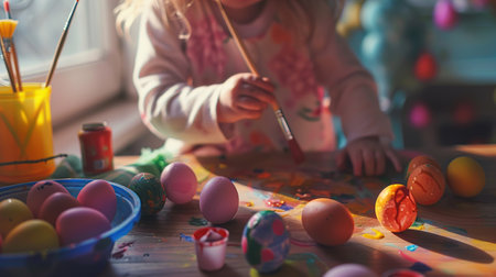 A child paints colorful Easter eggs at a table, white roomの素材
