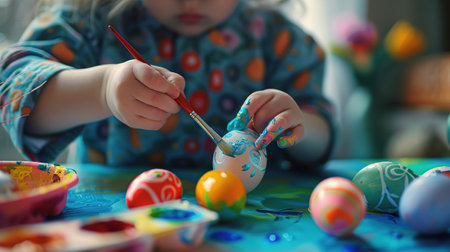 A child paints colorful Easter eggs at a table, white roomの素材