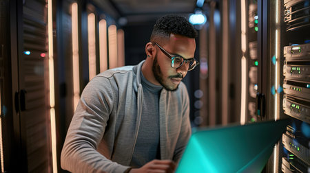 Technician with a laptop checking Server in the data centerの素材