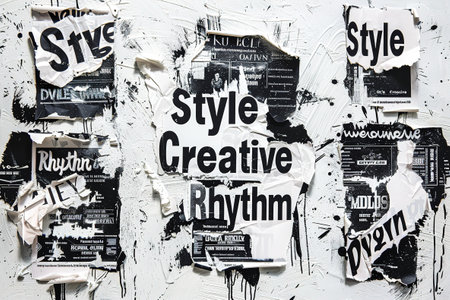 Collage on a white Background, with black typographic elements such as advertising inscriptions in the style of "Style", "Creative", "Rhythm" and other decorative textの素材