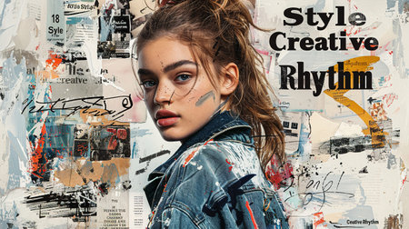 Collage on a white Background, with black typographic elements such as advertising inscriptions in the style of "Style", "Creative", "Rhythm" and other decorative textの素材