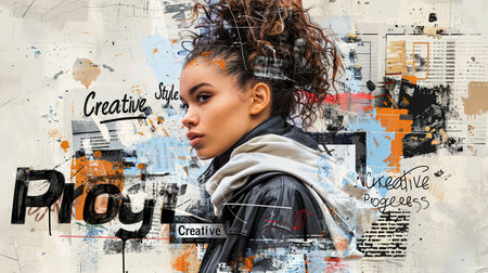 Collage on a white Background, with black typographic elements such as advertising inscriptions in the style of "Style", "Creative", "Rhythm" and other decorative textの素材