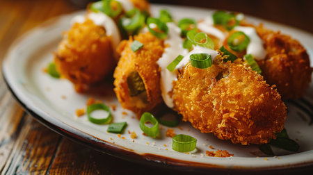 Traditional jalapeno Poppers with cream cheese filling on a breaded plate with cool ranch sauce. Image for cafe menu, Bannerの素材