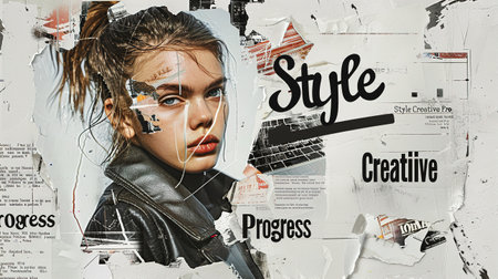 Collage on a white background, with black typographic elements such as advertising inscriptions in the style of "Style", "Creative", "Progress" and other decorative textの素材