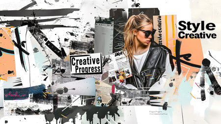Collage on a white background, with black typographic elements such as advertising inscriptions in the style of "Style", "Creative", "Progress" and other decorative textの素材
