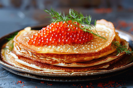 Russian pancakes with red caviar. Image for cafe menu, Bannerの素材