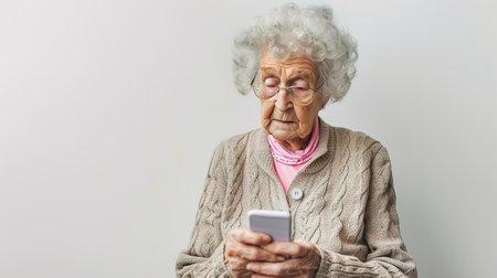 A mature elderly Woman holds a smartphone using Mobile online applications, looking at a mobile phone isolated on a white-gray studio Backgroundの素材