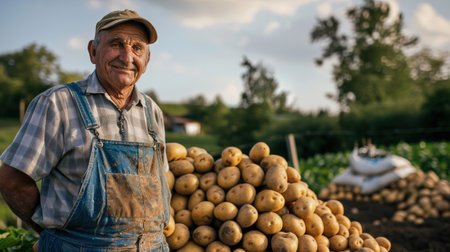 A satisfied farmer poses on a vegetable plantation near a pile of freshly picked potatoes. The concept of a successful agricultural business and a rich potato harvestの素材