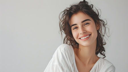 An image of a happy Woman in white clothes on a white background and Looking at the Camera.の素材