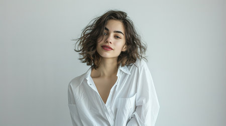 An image of a happy Woman in white clothes on a white background and Looking at the Camera.の素材