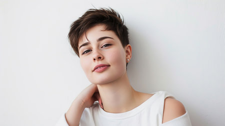 An image of a happy Woman in white clothes on a white background and Looking at the Camera.の素材