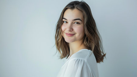 An image of a happy Woman in white clothes on a white background and Looking at the Camera.の素材