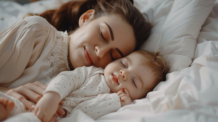 Mom with a small Child sleeping on a bed, white airy underwear, close-up,の素材
