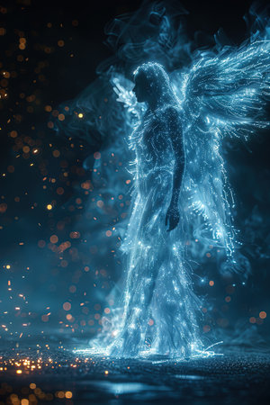 Abstract illustration of an Angel. The illustration consists of energy lines. Design of clothes, albums, notebooks. banners, postcardsの素材