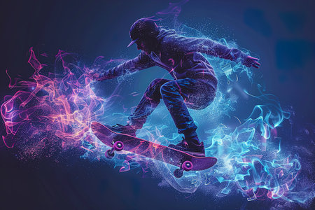 A skateboarder performing a jumping trick. The concept of extreme freestyle sports. Design of clothes, albums, notebooks. Sports banners, postcardsの素材