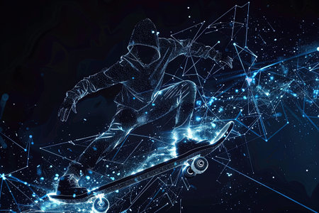 A skateboarder performing a jumping trick. The concept of extreme freestyle sports. Design of clothes, albums, notebooks. Sports banners, postcardsの素材