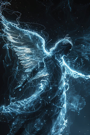 Abstract illustration of an Angel. The illustration consists of energy lines. Design of clothes, albums, notebooks. banners, postcardsの素材