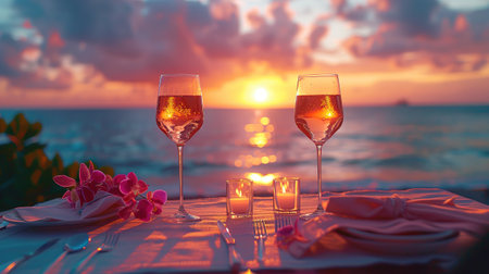 Romantic sunset dinner on the beach. Table honeymoon set for two with luxurious food, glasses of champagne drinks in a restaurant with sea view. Summer love, romance date on vacation concept.の素材