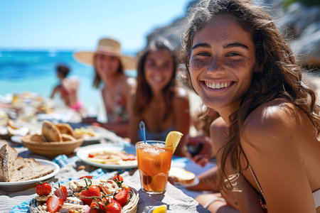 Cheerful young people spending nice time together while sitting on the beach and drinking beerの素材