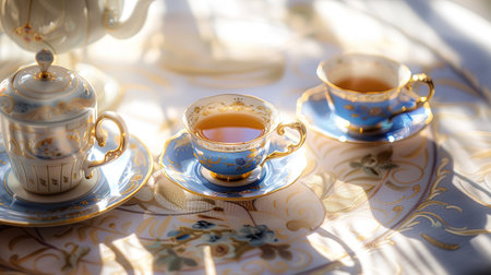 Bed set for afternoon tea with pastel pink, blue, yellow and green tea set. Tea party,の素材