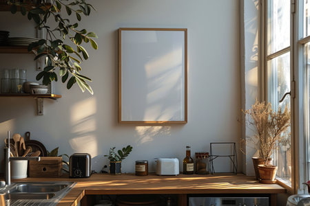 White mock-up of a wall Picture frame in the kitchen, The interior of a modern kitchen.の素材