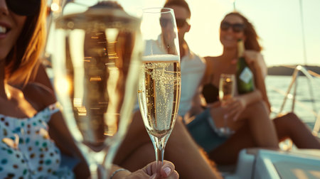 Happy friends having fun drinking Champagne at a yacht partyの素材