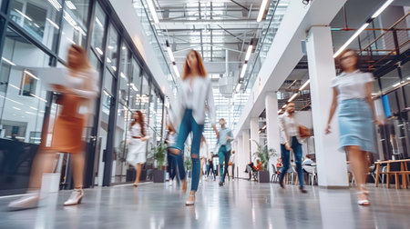 People rushing in the lobby. motion blur. Shopping mall with people walking in blurred motionの素材