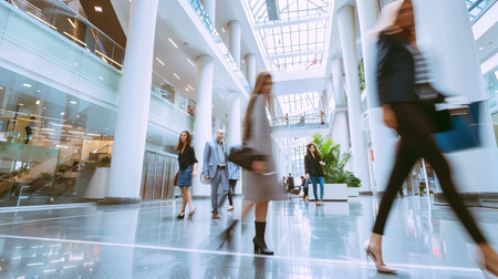 People rushing in the lobby. motion blur. Shopping mall with people walking in blurred motionの素材