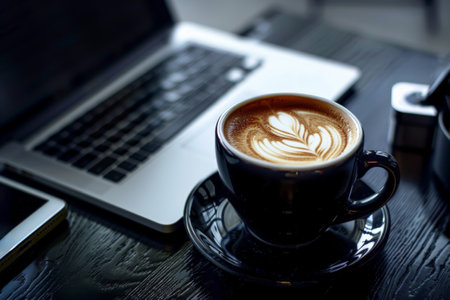 A cup of latte coffee in the shape of a heart on a wooden table in a summer cafe. A cup of coffee on a busy day.の素材