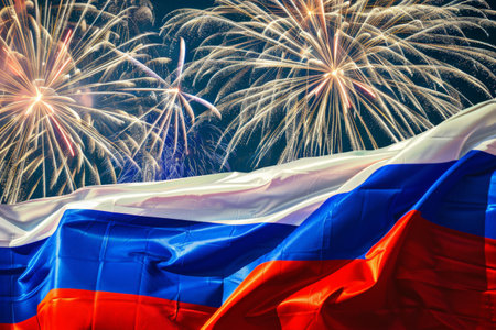 Russian Flag on the wind, Festive fireworks on the background of the Russian flagの素材