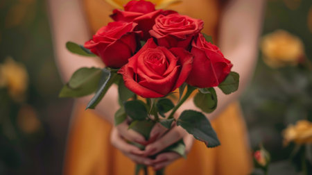 Beautiful red Rose blossom. A postcard with beautiful Roses. Romantic Bannerの素材